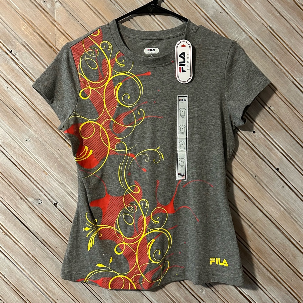 NWT Fila Sport Women's Gray Tee Shirt Red & Yellow Accents Athletic Top